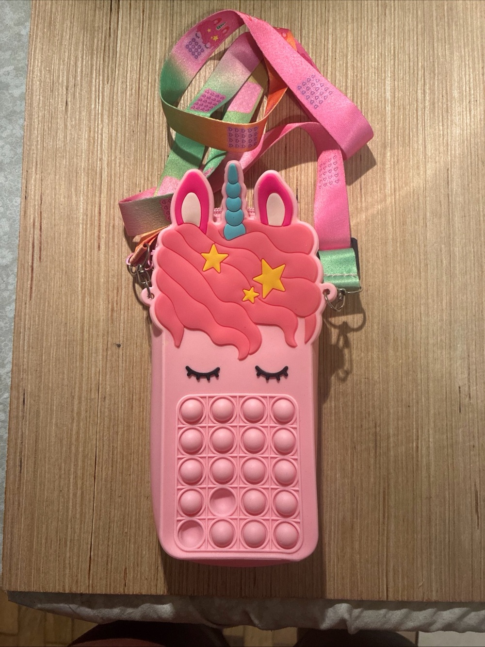 Pink Unicorn Pop-It Crossbody Bag for Kids with Rainbow Strap